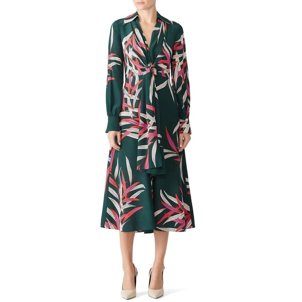 NWT DVF Diane von Furstenberg QUINCY Hunter Silk Wrap Midi Dress US10 Green - Picture 2 of 10